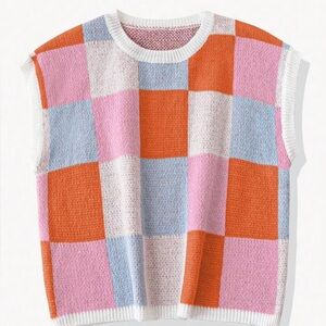 Colorblock Checkered Knit Sweater Vest | Size XL | Cozy Retro Style
